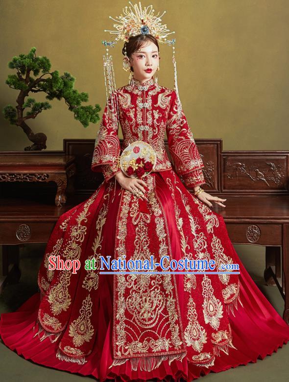 Chinese Traditional Embroidered Wedding Drilling Xiu He Suit Red Blouse and Dress Ancient Bride Costumes for Women