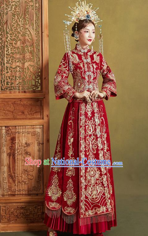 Chinese Traditional Embroidered Wedding Drilling Xiu He Suit Red Blouse and Dress Ancient Bride Costumes for Women