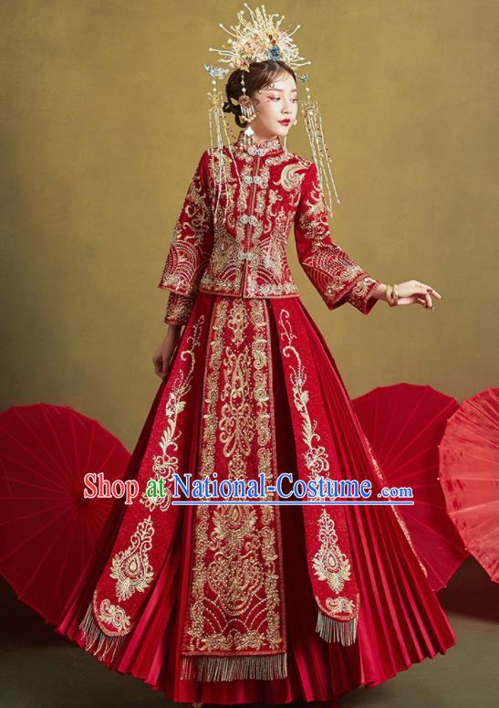 Chinese Traditional Embroidered Wedding Drilling Xiu He Suit Red Blouse and Dress Ancient Bride Costumes for Women