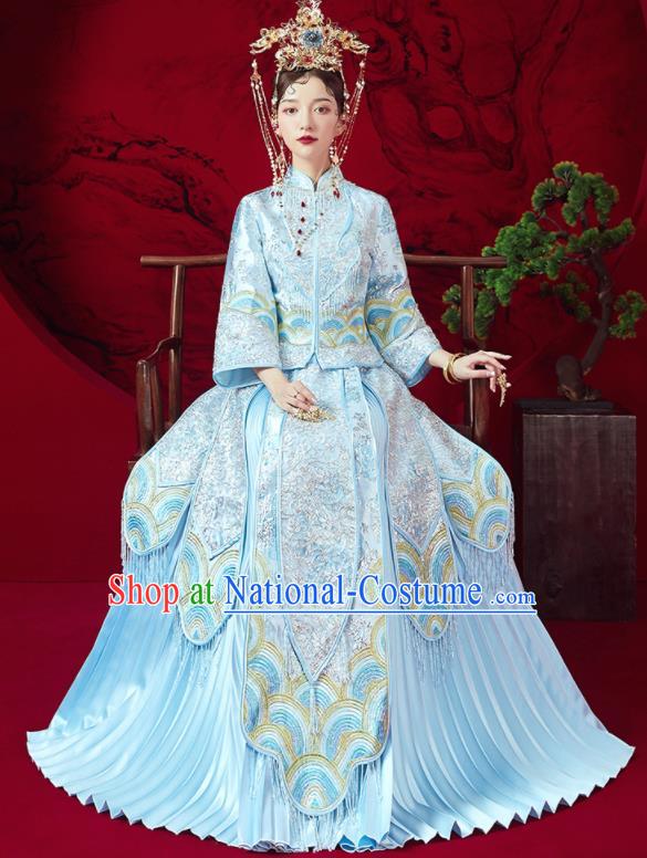 Chinese Traditional Embroidered Wedding Blue Xiu He Suit Blouse and Dress Ancient Bride Costumes for Women