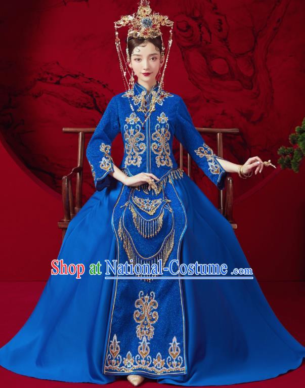 Chinese Traditional Embroidered Wedding Royalblue Xiu He Suit Blouse and Dress Ancient Bride Costumes for Women