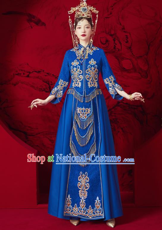 Chinese Traditional Embroidered Wedding Royalblue Xiu He Suit Blouse and Dress Ancient Bride Costumes for Women