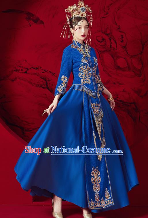 Chinese Traditional Embroidered Wedding Royalblue Xiu He Suit Blouse and Dress Ancient Bride Costumes for Women