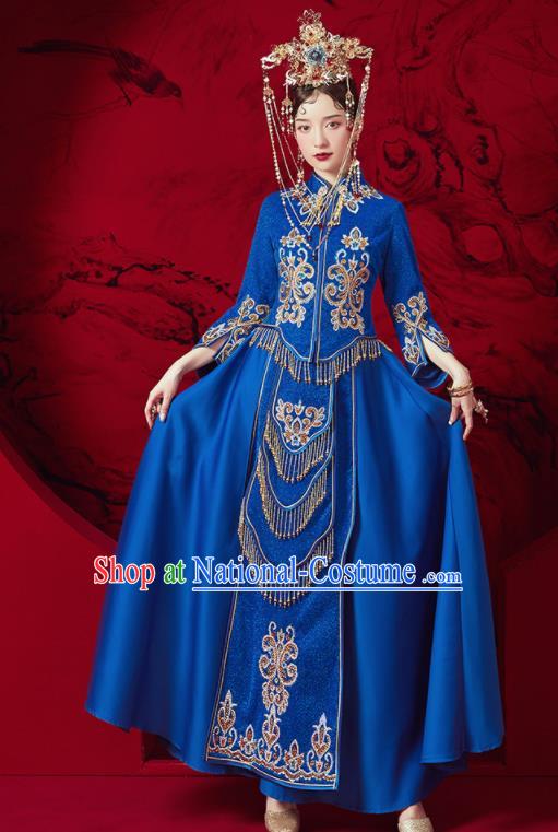 Chinese Traditional Embroidered Wedding Royalblue Xiu He Suit Blouse and Dress Ancient Bride Costumes for Women