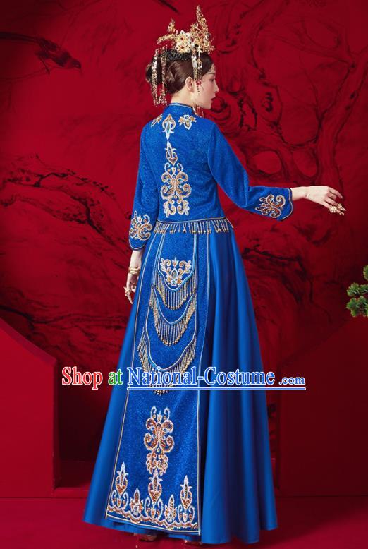 Chinese Traditional Embroidered Wedding Royalblue Xiu He Suit Blouse and Dress Ancient Bride Costumes for Women