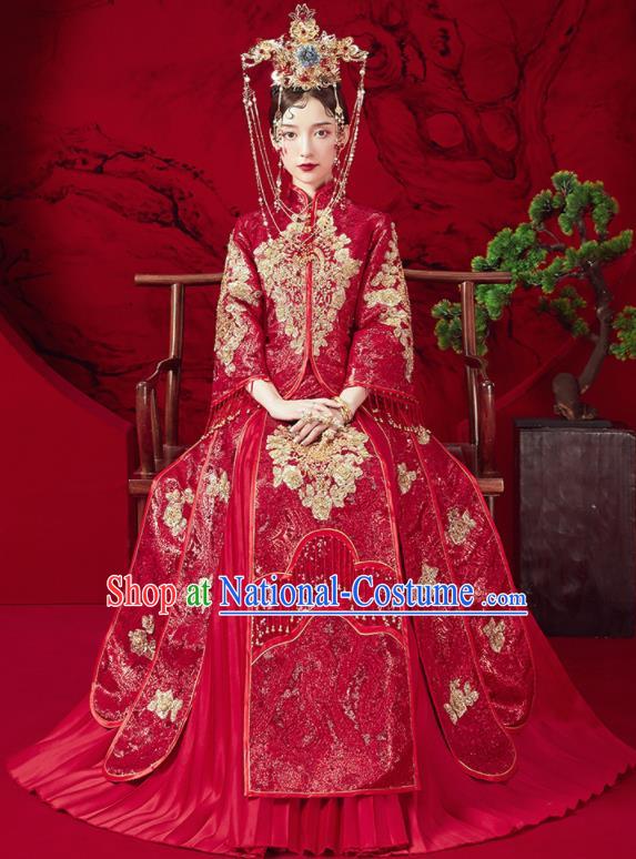 Chinese Traditional Embroidered Wedding Red Xiu He Suit Blouse and Dress Ancient Bride Costumes for Women