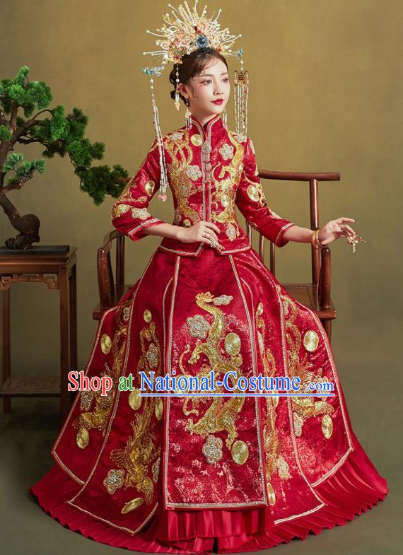 Chinese Traditional Wedding Xiu He Suit Embroidered Dragon Red Blouse and Dress Ancient Bride Costumes for Women