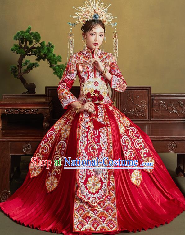 Chinese Traditional Wedding Xiu He Suit Embroidered Peony Red Blouse and Dress Ancient Bride Costumes for Women