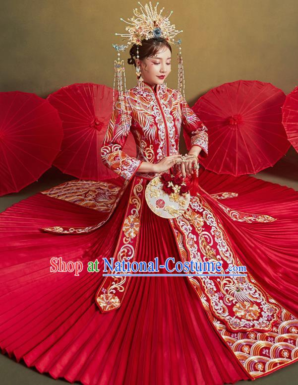 Chinese Traditional Wedding Xiu He Suit Embroidered Peony Red Blouse and Dress Ancient Bride Costumes for Women