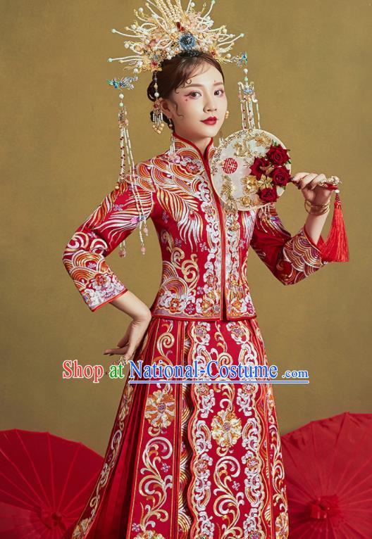 Chinese Traditional Wedding Xiu He Suit Embroidered Peony Red Blouse and Dress Ancient Bride Costumes for Women