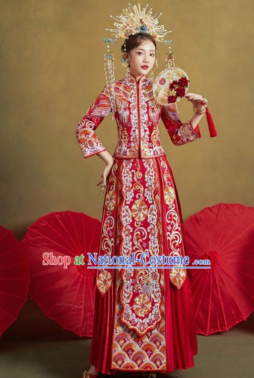 Chinese Traditional Wedding Xiu He Suit Embroidered Peony Red Blouse and Dress Ancient Bride Costumes for Women