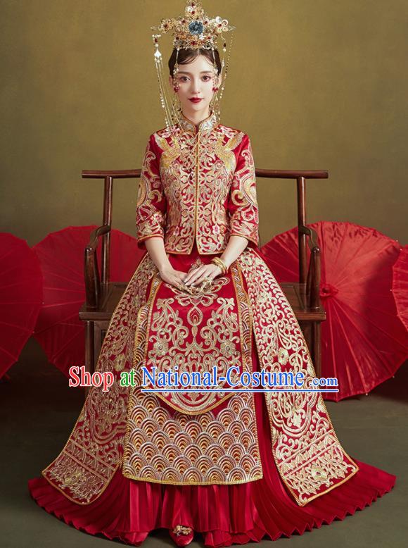 Chinese Traditional Embroidered Wedding Red Xiu He Suit Blouse and Dress Ancient Bride Costumes for Women