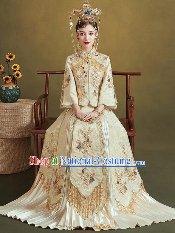 Chinese Traditional Embroidered Wedding Light Golden Xiu He Suit Blouse and Dress Ancient Bride Costumes for Women