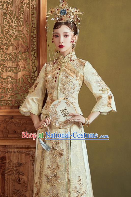 Chinese Traditional Embroidered Wedding Light Golden Xiu He Suit Blouse and Dress Ancient Bride Costumes for Women