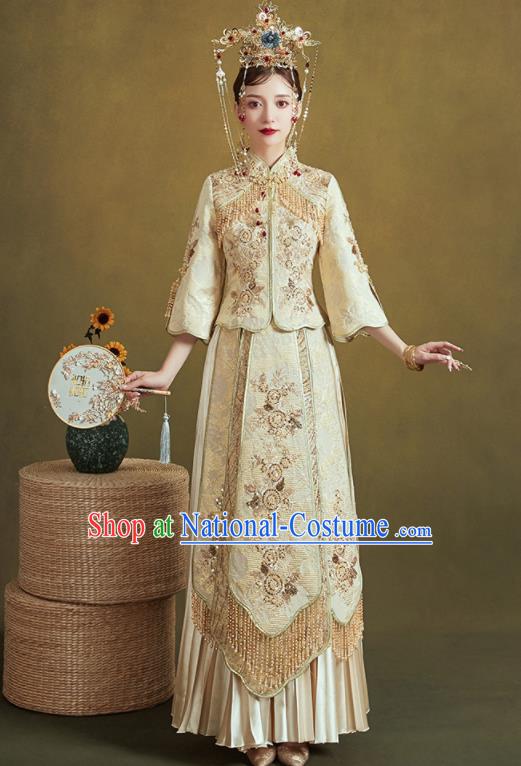 Chinese Traditional Embroidered Wedding Light Golden Xiu He Suit Blouse and Dress Ancient Bride Costumes for Women