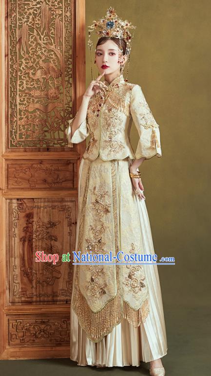 Chinese Traditional Embroidered Wedding Light Golden Xiu He Suit Blouse and Dress Ancient Bride Costumes for Women