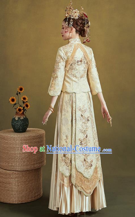 Chinese Traditional Embroidered Wedding Light Golden Xiu He Suit Blouse and Dress Ancient Bride Costumes for Women