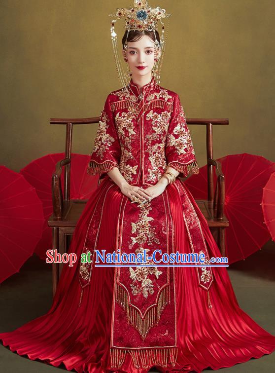 Chinese Traditional Embroidered Flowers Wedding Dark Red Xiu He Suit Blouse and Dress Ancient Bride Costumes for Women