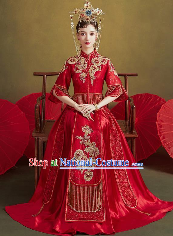 Chinese Traditional Embroidered Wedding Red Xiu He Suit Blouse and Tassel Dress Ancient Bride Costumes for Women