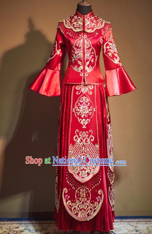 Chinese Traditional Embroidered Peony Wedding Xiu He Suit Red Blouse and Tassel Dress Ancient Bride Costumes for Women