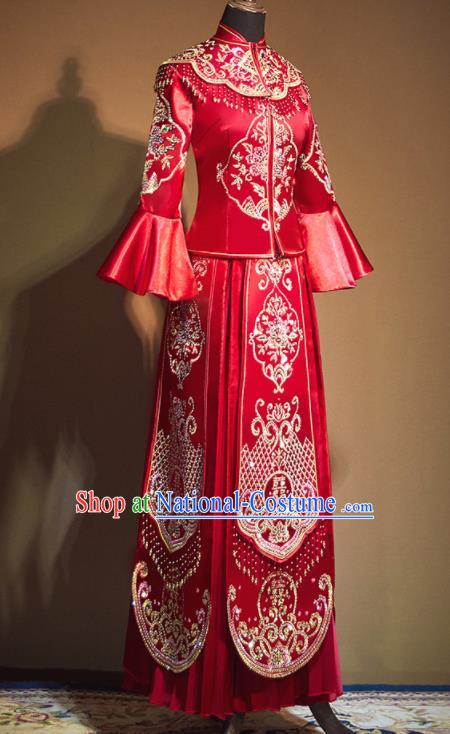 Chinese Traditional Embroidered Peony Wedding Xiu He Suit Red Blouse and Tassel Dress Ancient Bride Costumes for Women