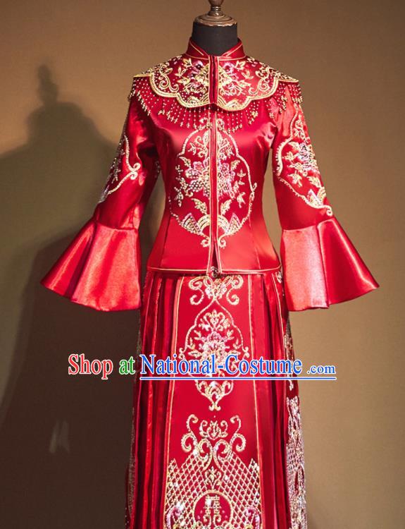 Chinese Traditional Embroidered Peony Wedding Xiu He Suit Red Blouse and Tassel Dress Ancient Bride Costumes for Women