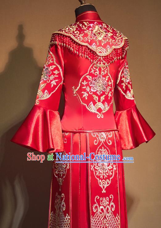 Chinese Traditional Embroidered Peony Wedding Xiu He Suit Red Blouse and Tassel Dress Ancient Bride Costumes for Women