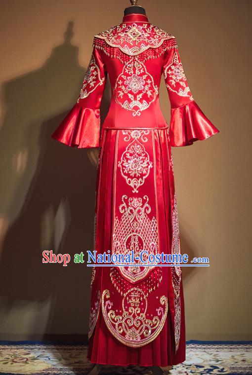 Chinese Traditional Embroidered Peony Wedding Xiu He Suit Red Blouse and Tassel Dress Ancient Bride Costumes for Women