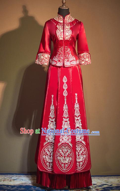 Chinese Traditional Embroidered Wedding Xiu He Suit Red Blouse and Dress Ancient Bride Costumes for Women