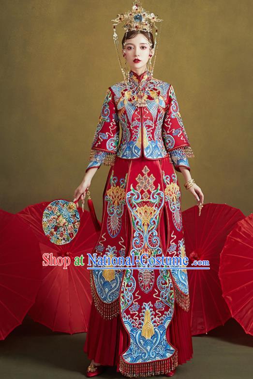 Chinese Traditional Blue Embroidered Wedding Xiu He Suit Blouse and Dress Ancient Bride Costumes for Women