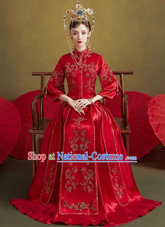 Chinese Traditional Embroidered Plum Wedding Xiu He Suit Blouse and Dress Ancient Bride Costumes for Women