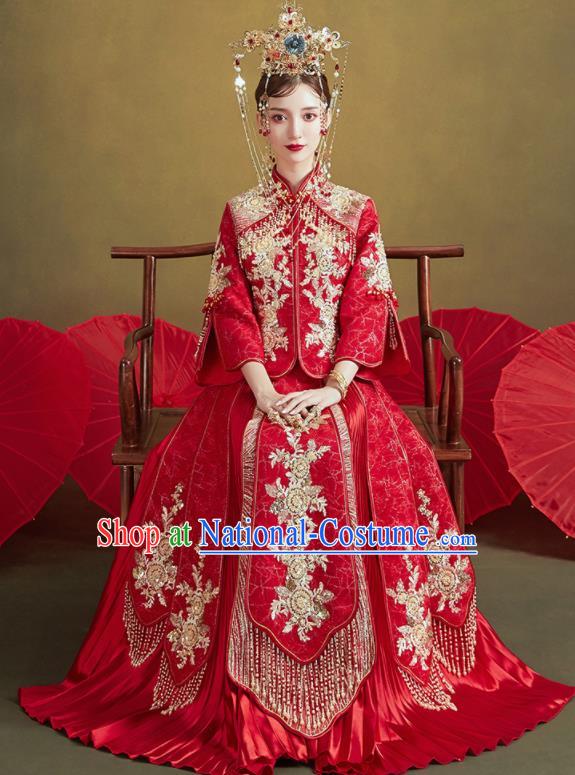 Chinese Traditional Embroidered Golden Flowers Wedding Xiu He Suit Blouse and Dress Ancient Bride Costumes for Women