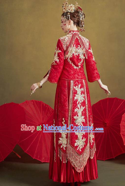 Chinese Traditional Embroidered Golden Flowers Wedding Xiu He Suit Blouse and Dress Ancient Bride Costumes for Women