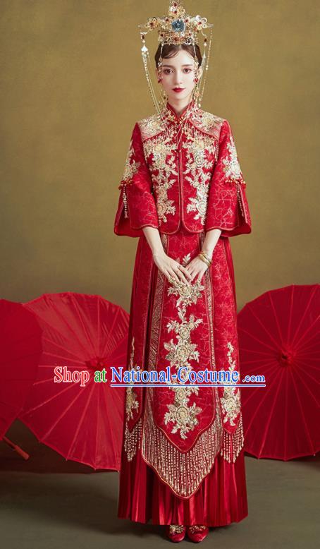 Chinese Traditional Embroidered Golden Flowers Wedding Xiu He Suit Blouse and Dress Ancient Bride Costumes for Women