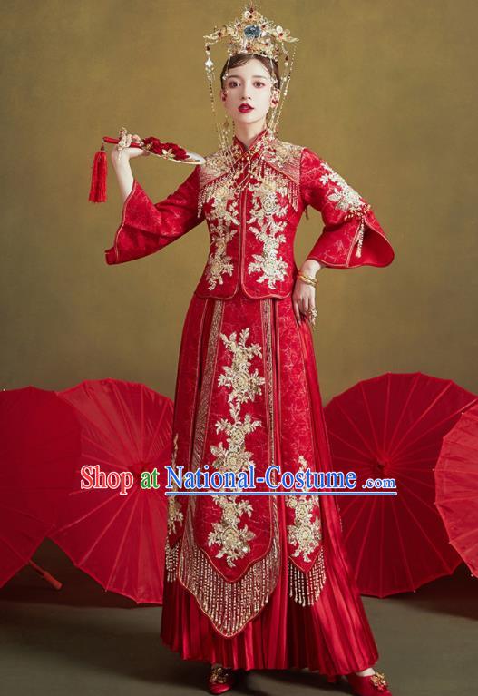 Chinese Traditional Embroidered Golden Flowers Wedding Xiu He Suit Blouse and Dress Ancient Bride Costumes for Women