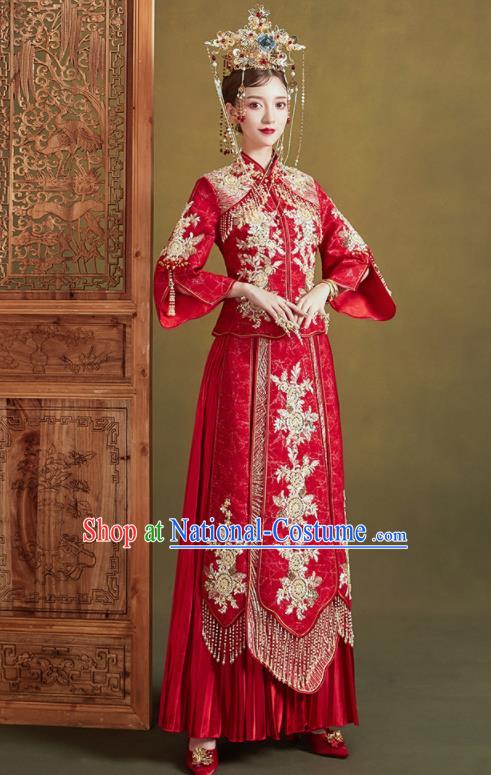 Chinese Traditional Embroidered Golden Flowers Wedding Xiu He Suit Blouse and Dress Ancient Bride Costumes for Women