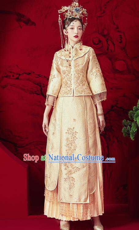 Chinese Traditional Embroidered Golden Wedding Xiu He Suit Blouse and Dress Ancient Bride Costumes for Women