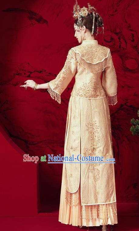 Chinese Traditional Embroidered Golden Wedding Xiu He Suit Blouse and Dress Ancient Bride Costumes for Women