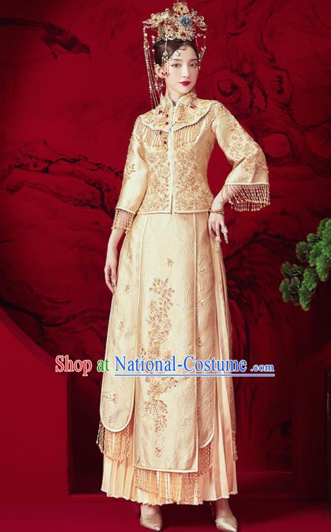 Chinese Traditional Embroidered Golden Wedding Xiu He Suit Blouse and Dress Ancient Bride Costumes for Women