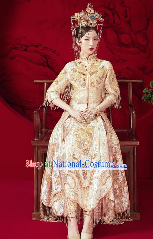 Chinese Traditional Embroidered Golden Tassel Wedding Xiu He Suit Blouse and Dress Ancient Bride Costumes for Women