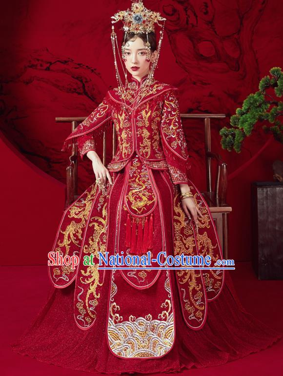 Chinese Traditional Embroidered Dragon Wedding Xiu He Suit Red Blouse and Dress Ancient Bride Costumes for Women