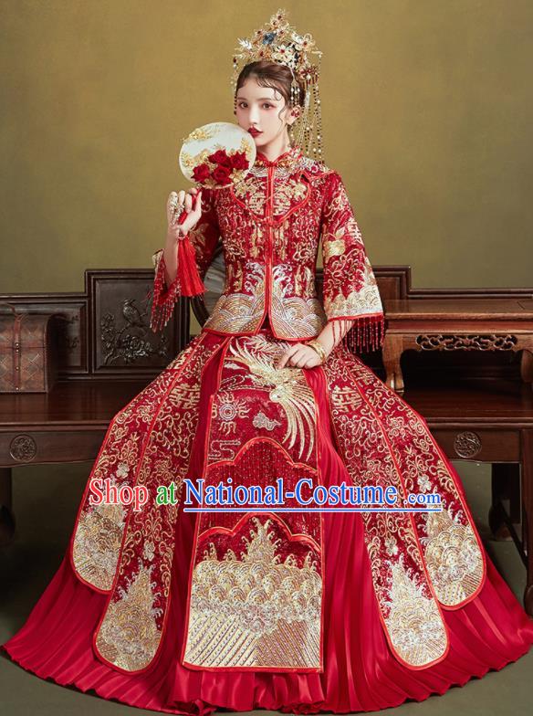 Chinese Traditional Embroidered Golden Phoenix Wedding Xiu He Suit Blouse and Dress Ancient Bride Costumes for Women