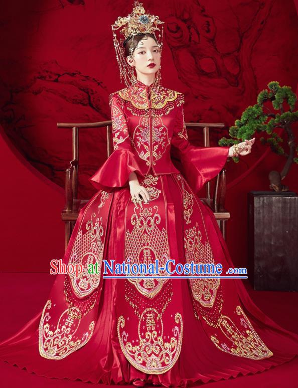 Chinese Traditional Embroidered Wedding Red Xiu He Suit Blouse and Dress Ancient Bride Costumes for Women