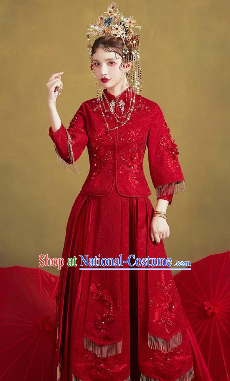 Chinese Traditional Embroidered Wedding Purplish Red Xiu He Suit Blouse and Dress Ancient Bride Costumes for Women