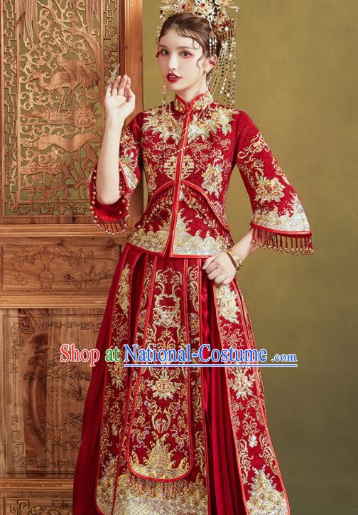 Chinese Traditional Embroidered Golden Peony Wedding Xiu He Suit Blouse and Dress Ancient Bride Costumes for Women