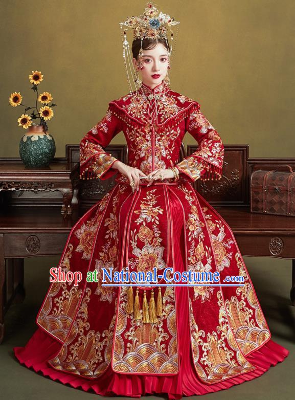 Chinese Traditional Embroidered Red Peony Wedding Xiu He Suit Blouse and Dress Ancient Bride Costumes for Women