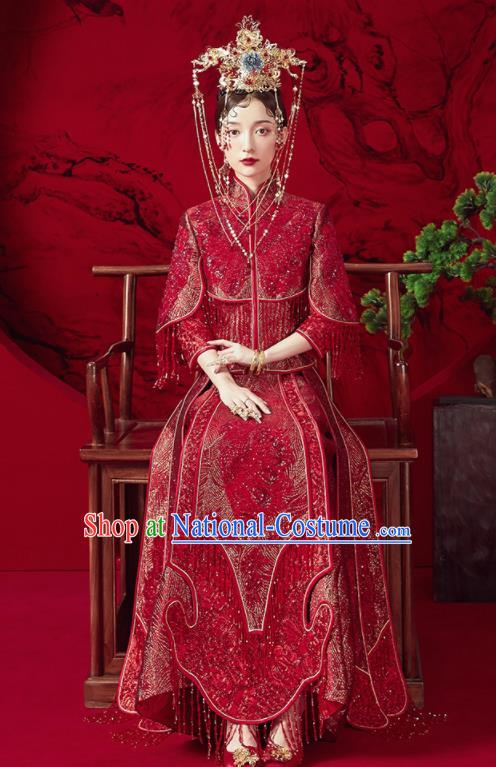 Chinese Traditional Red Tassel Wedding Xiu He Suit Blouse and Dress Ancient Bride Costumes for Women