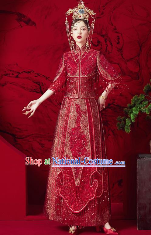 Chinese Traditional Red Tassel Wedding Xiu He Suit Blouse and Dress Ancient Bride Costumes for Women