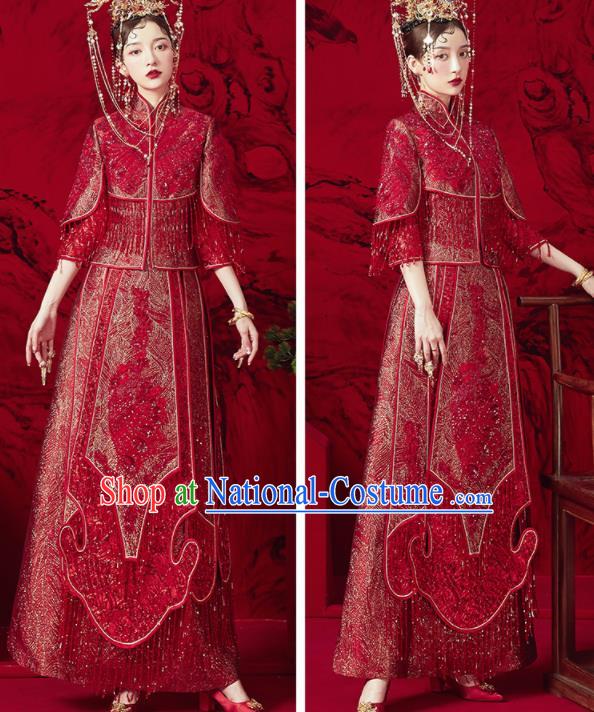 Chinese Traditional Red Tassel Wedding Xiu He Suit Blouse and Dress Ancient Bride Costumes for Women