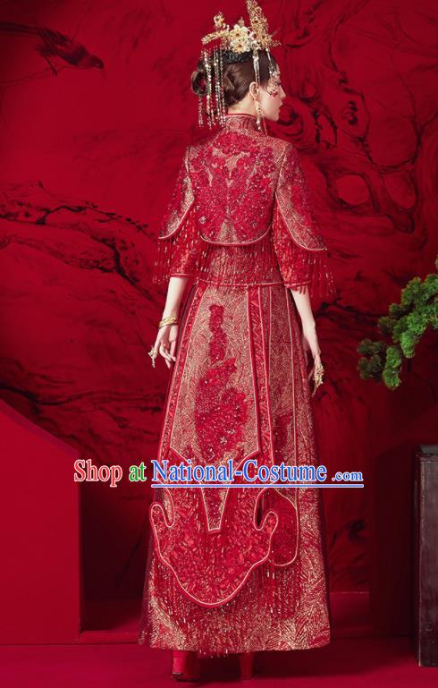 Chinese Traditional Red Tassel Wedding Xiu He Suit Blouse and Dress Ancient Bride Costumes for Women